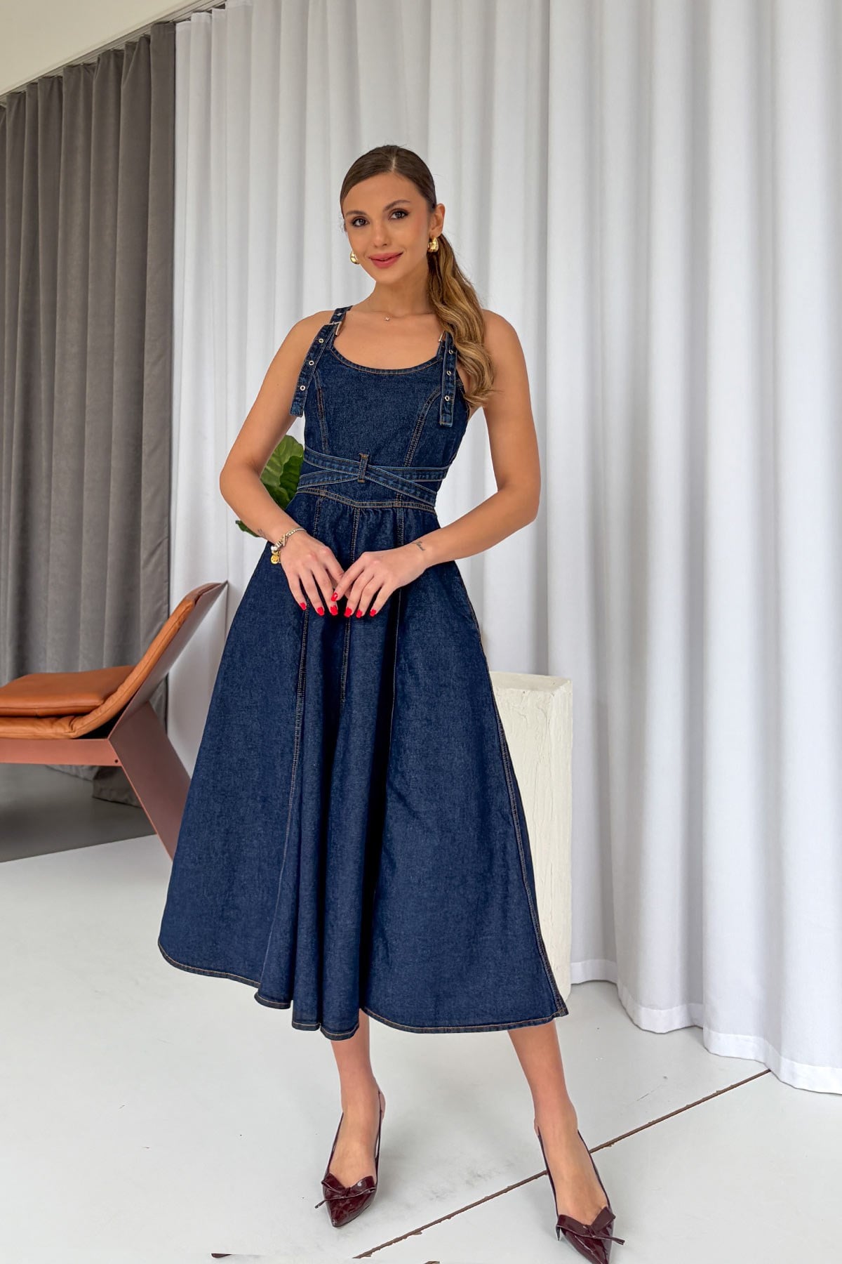 Sırtı Çapraz Denim Midi Kadın Elbise - Koyu Mavi