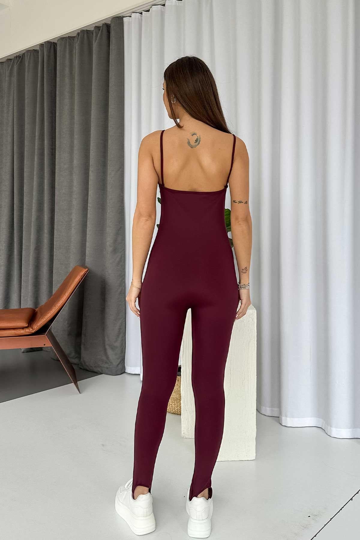 Spor Ayak Detaylı Kadın Tulum - Bordo