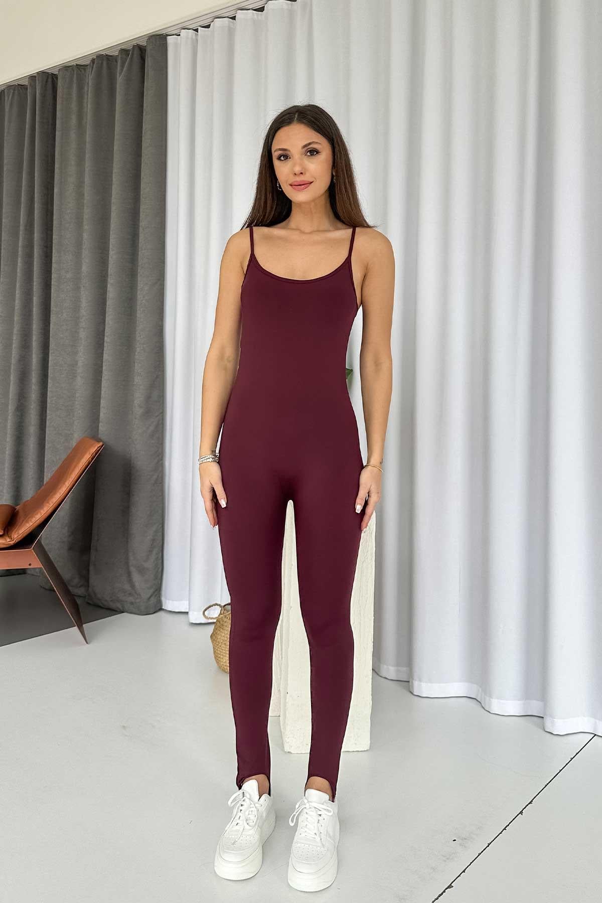 Spor Ayak Detaylı Kadın Tulum - Bordo