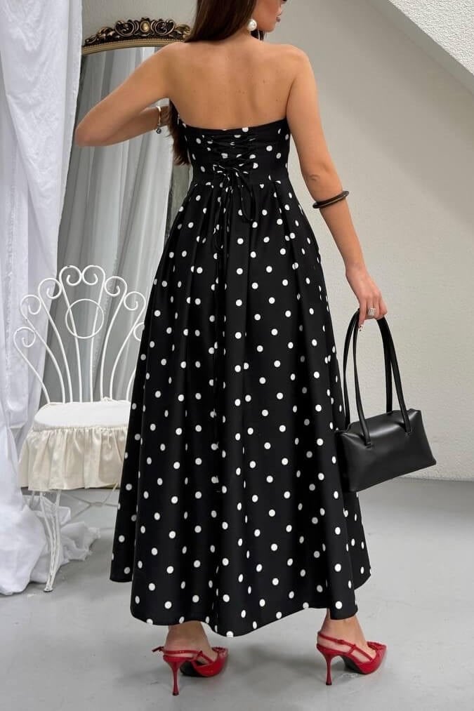 Straplez Puantiyeli Kadın Elbise - Siyah