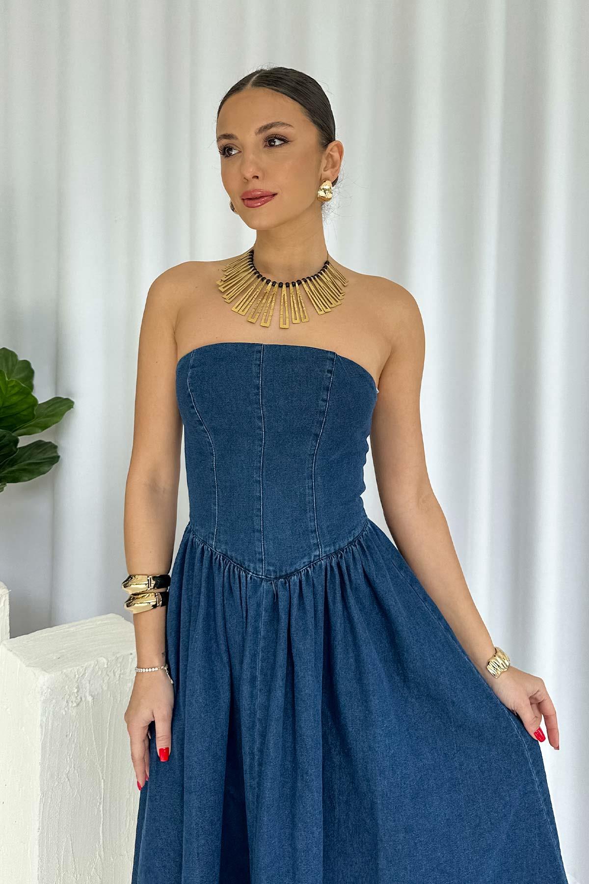 Straplez Yaka Kiloş Etek Kadın Kot Denim Elbise - Lacivert