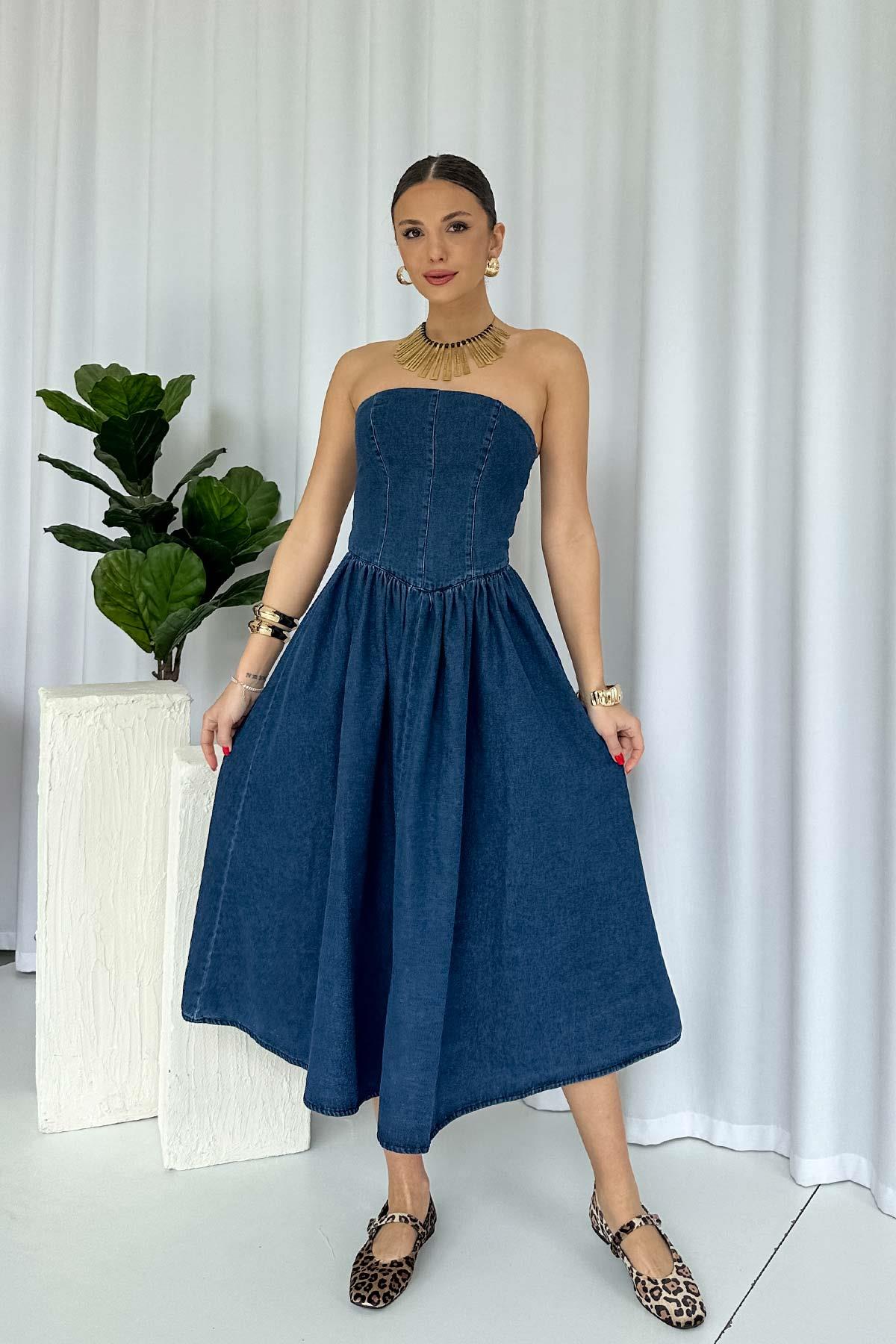 Straplez Yaka Kiloş Etek Kadın Kot Denim Elbise - Lacivert