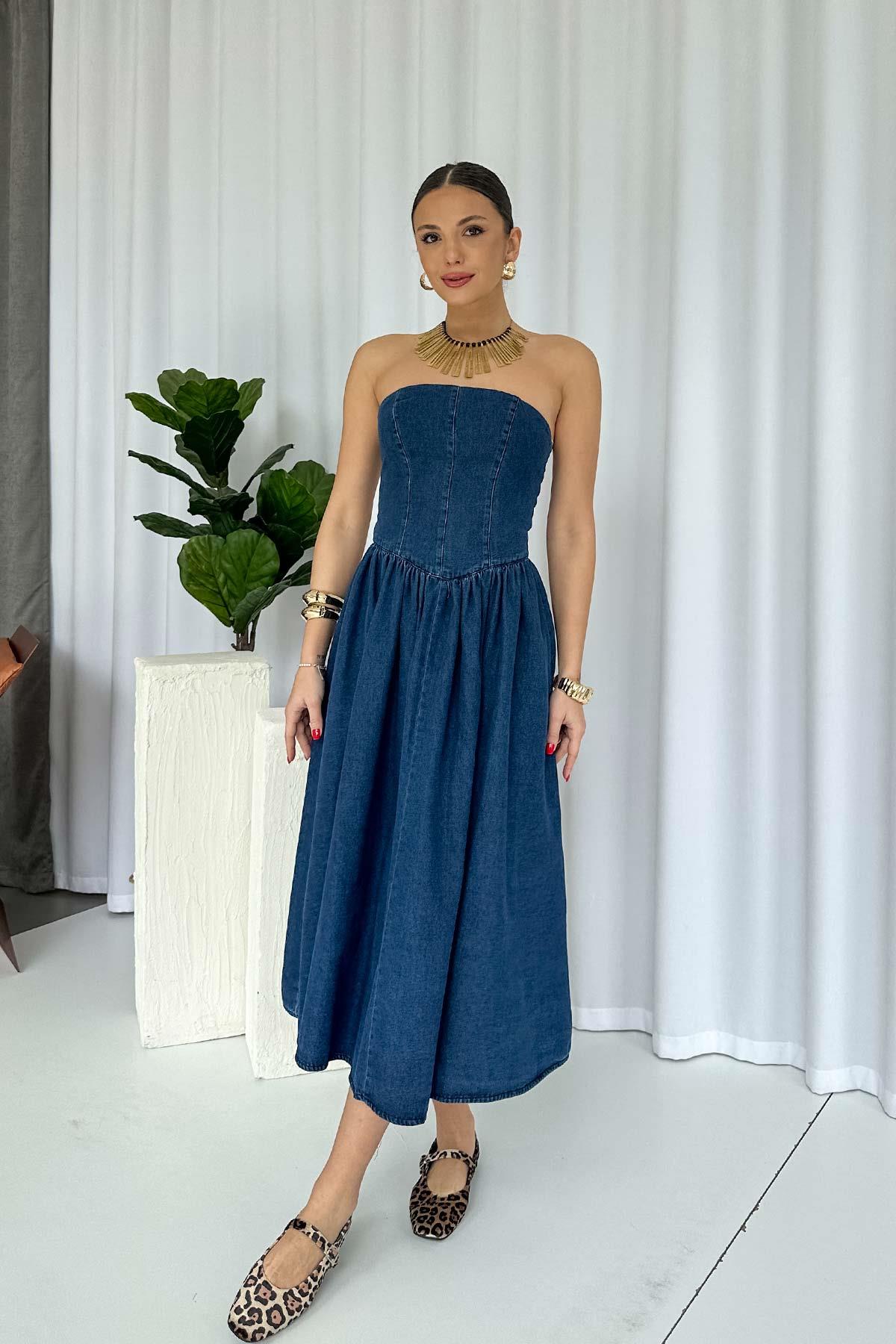 Straplez Yaka Kiloş Etek Kadın Kot Denim Elbise - Lacivert