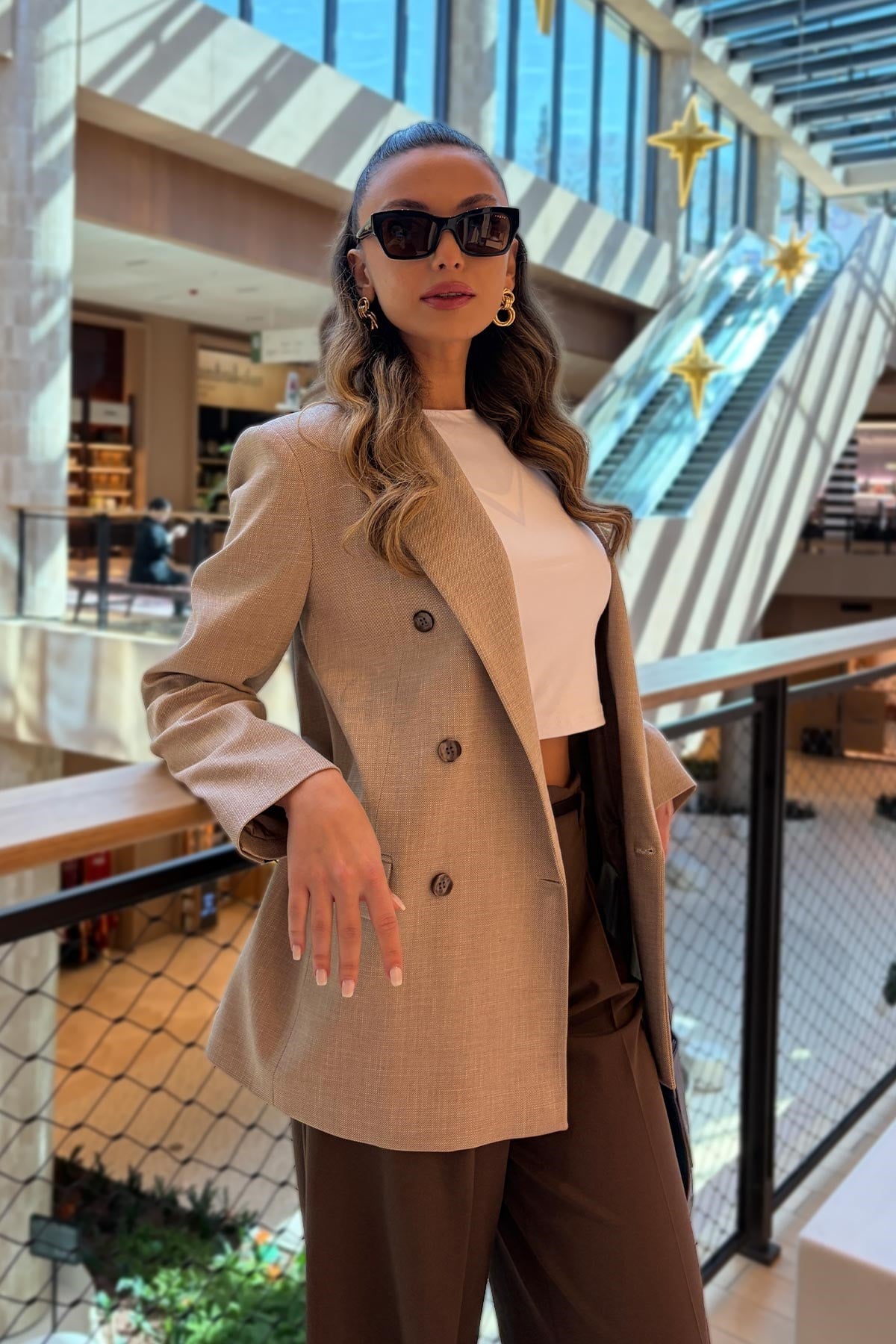 Süs Cepli Kareli Blazer Kadın Ceket