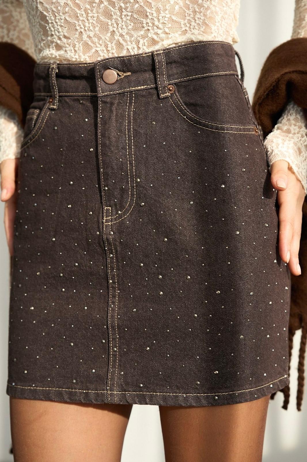 Taşlı Denim Etek - Kahverengi