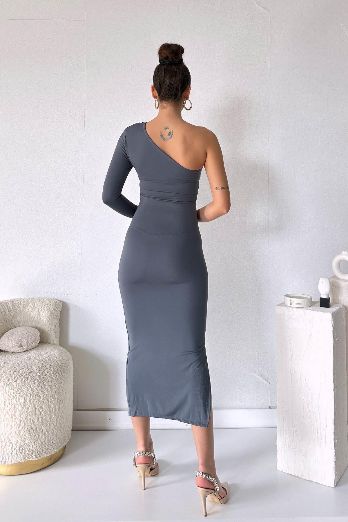 Tek Kol Tek Omuz Modal Kumaş Elbise - Gri