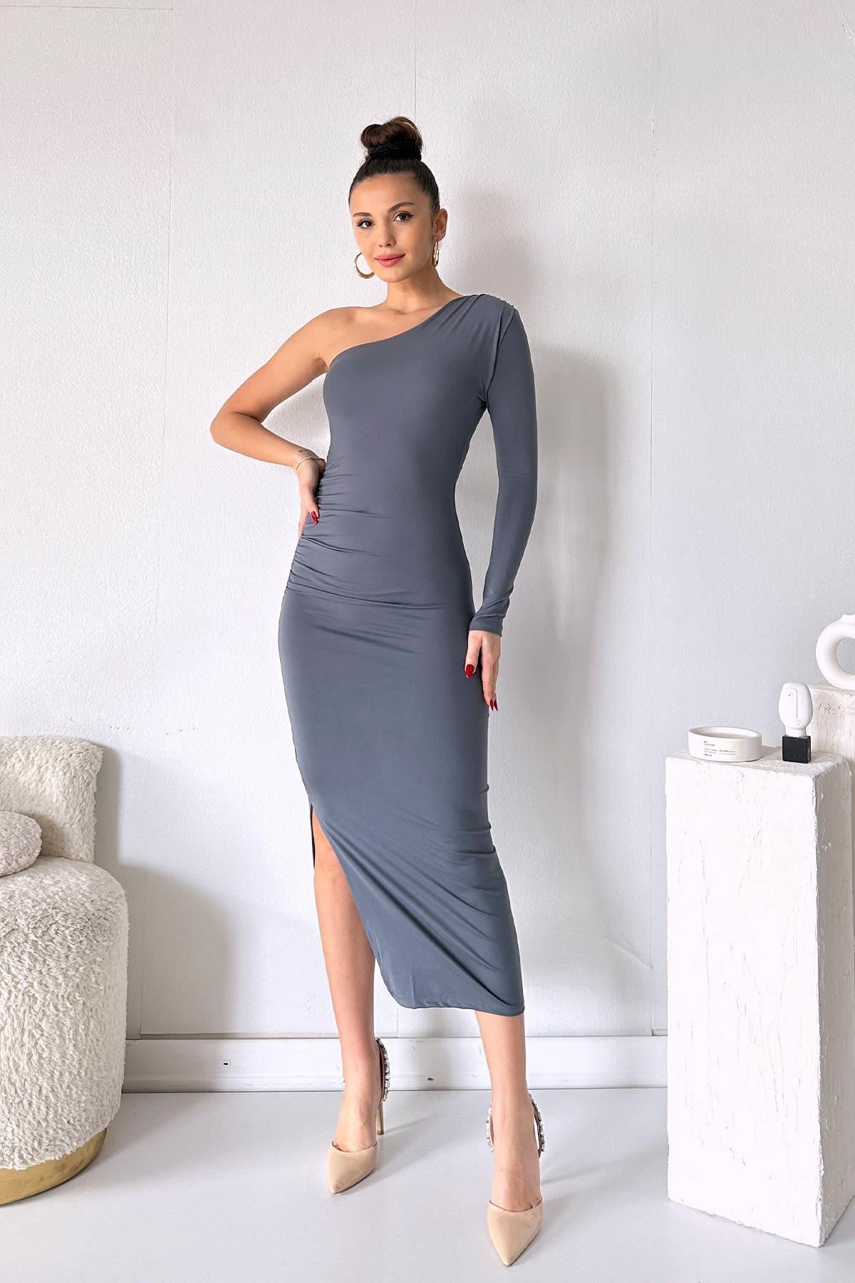 Tek Kol Tek Omuz Modal Kumaş Elbise - Gri