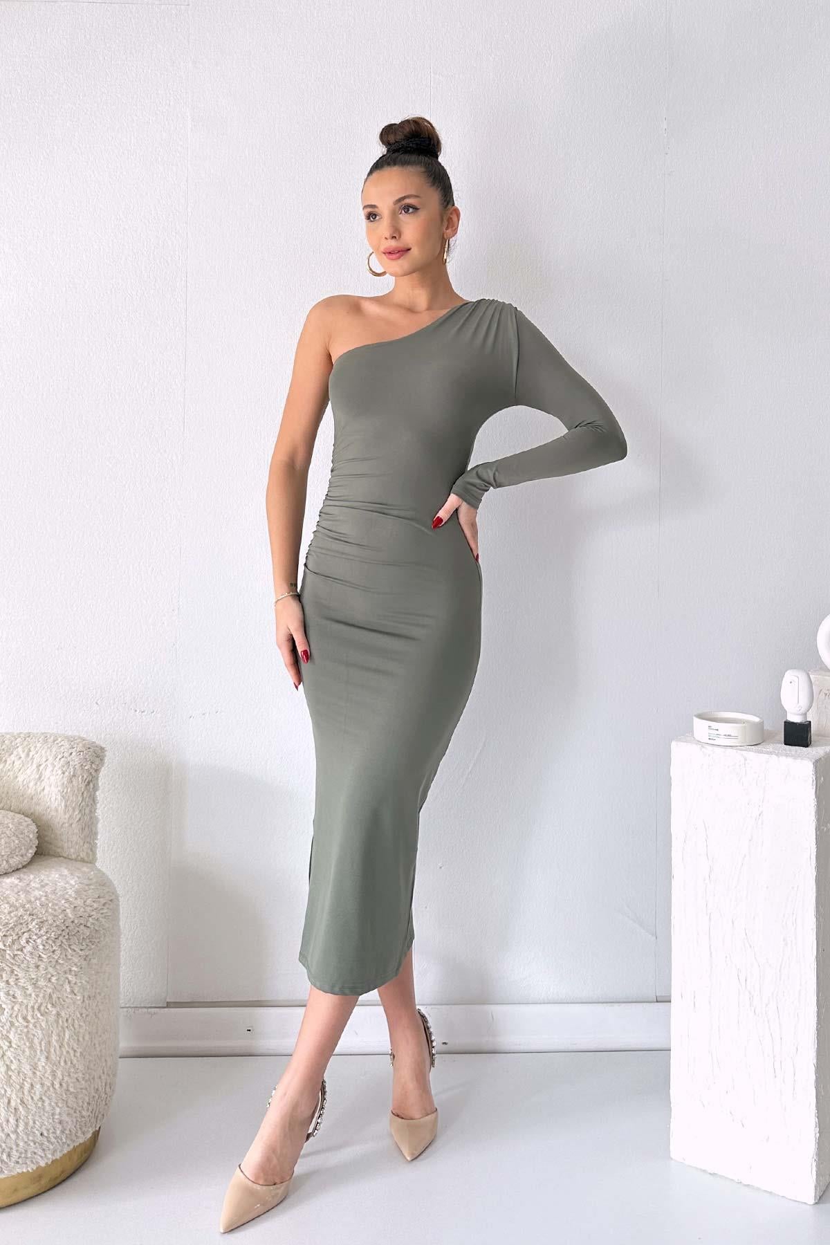 Tek Kol Tek Omuz Modal Kumaş Elbise - Yeşil