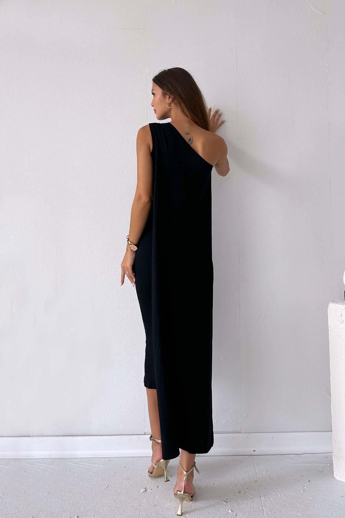 Tek Omuz Pelerin Detay Basic Kadın Elbise - Siyah