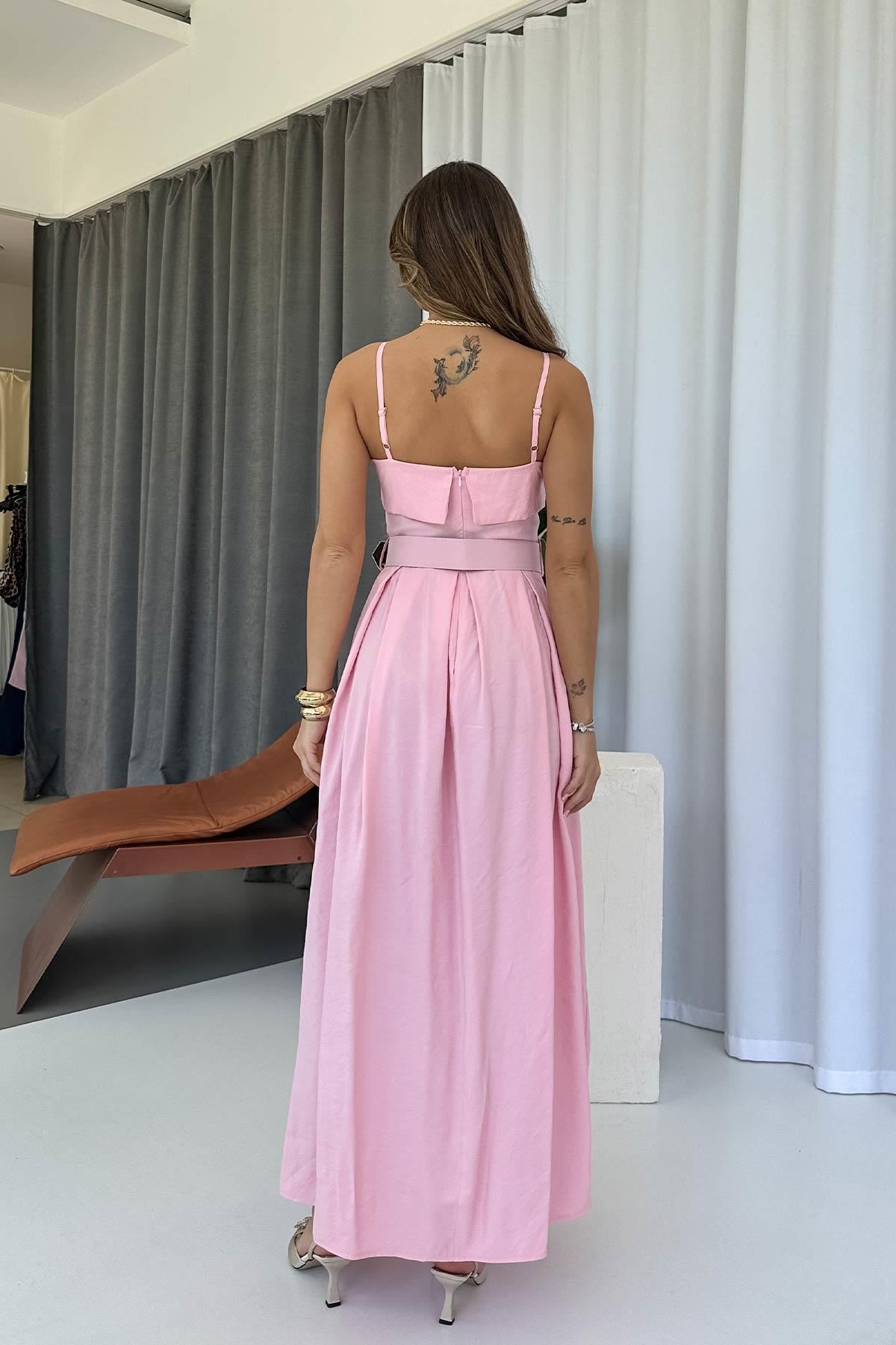 Tensel Kumaş Askılı Kemerli Midi Boy Kadın Elbise - Pembe