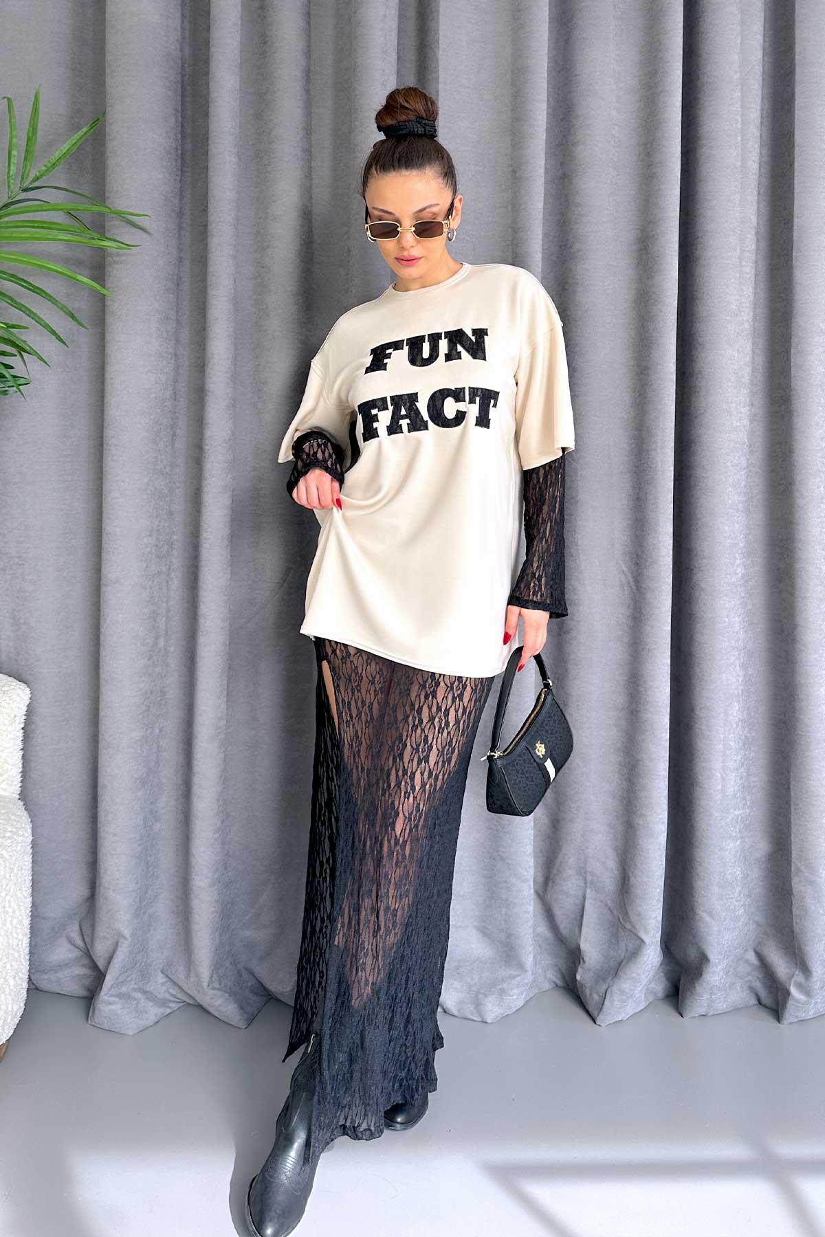 Dantel Astarlı Sweatshirt Elbise - Bej