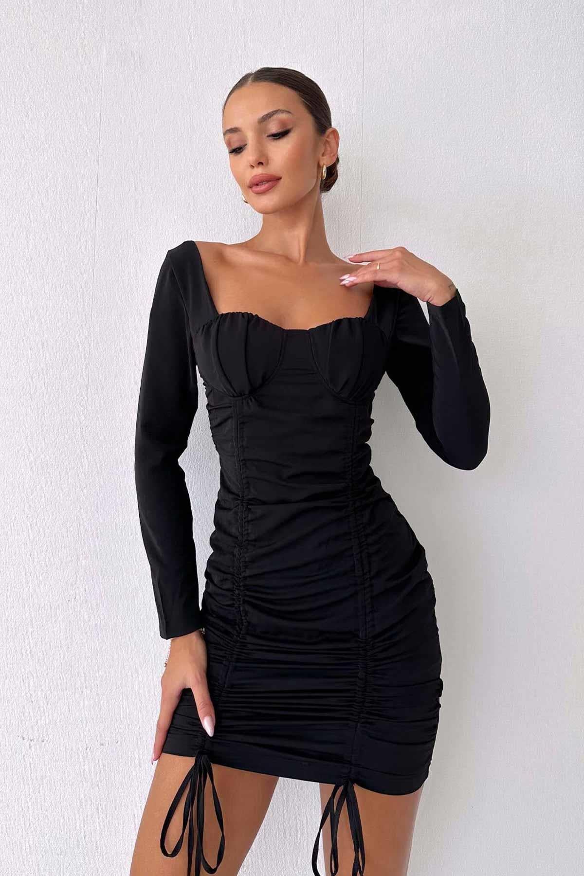 Uzun Kol Betria Elbise - Siyah