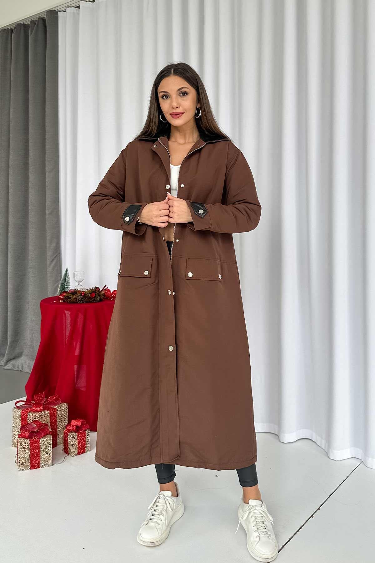 Yaka Deri Detay Premium Uzun Kadın Kapitone Mont - Kahverengi