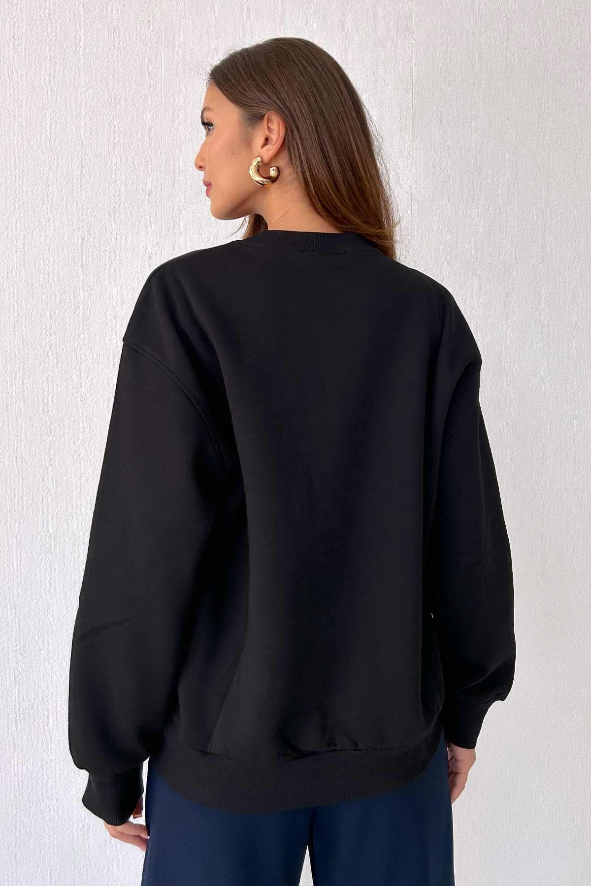 Yazılı Kabartmalı Kadın Sweatshirt - Siyah