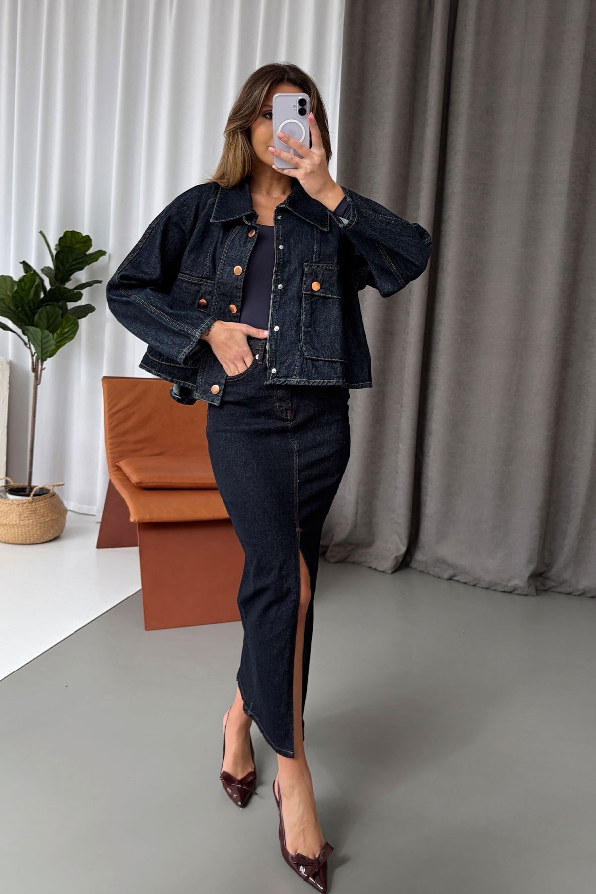 Yırtmaç Detaylı Uzun Denim Etek - Lacivert