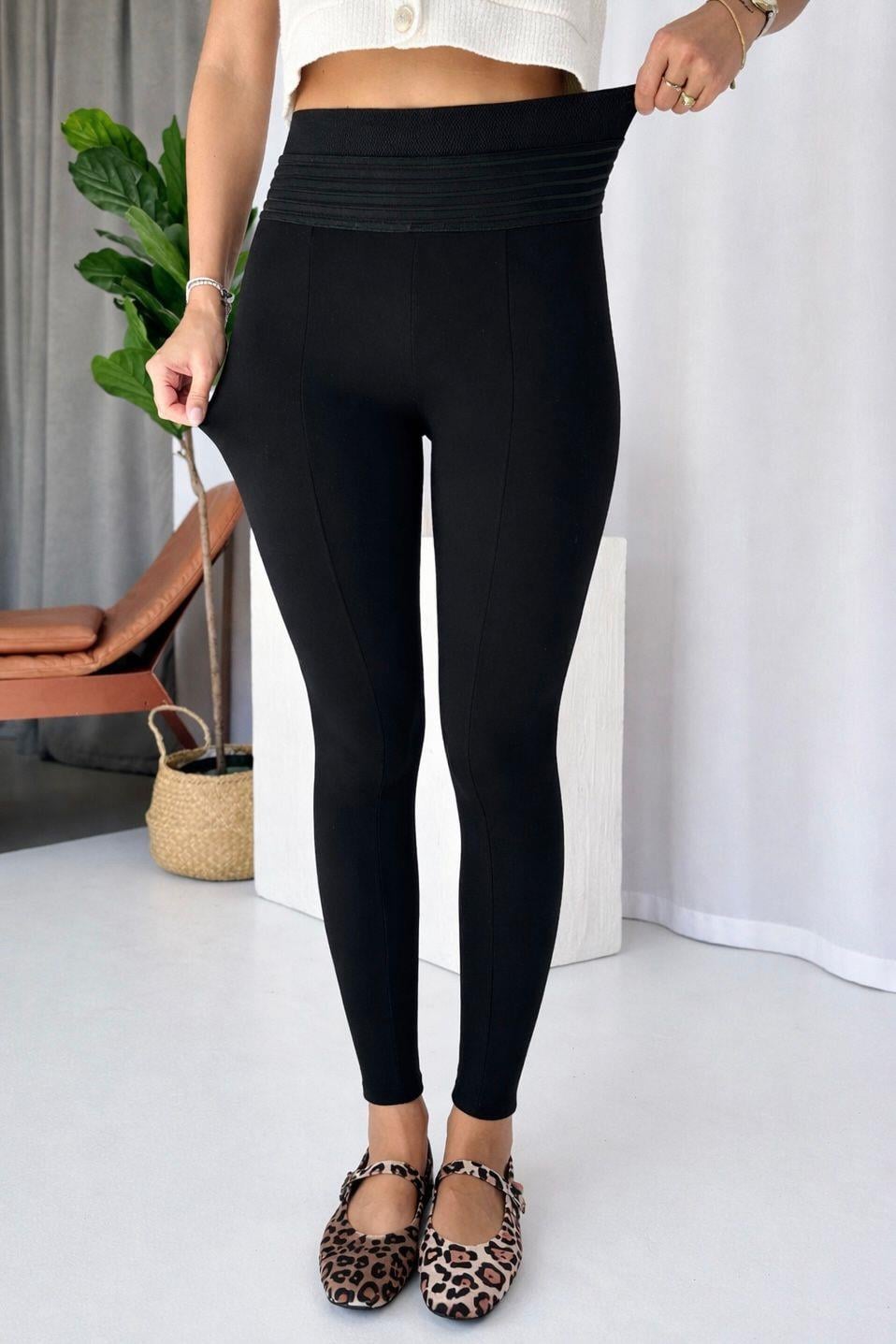 Yüksek Bel Nervür Dikişli Çelik Kadın Tayt - Siyah