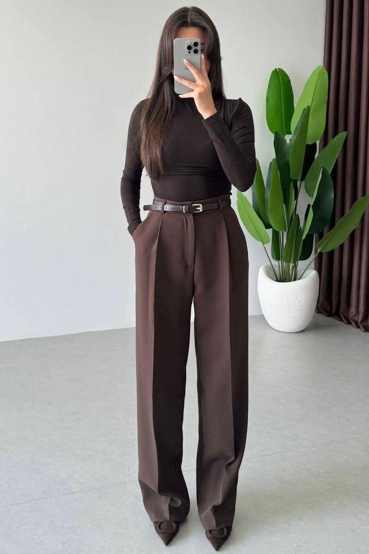 Yüksek Bel Palazzo Model Kadın Pantolon - Kahverengi