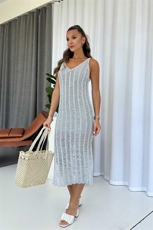 Ajurlu V Yaka Yırtmaçlı Kadın Triko Elbise - Gri