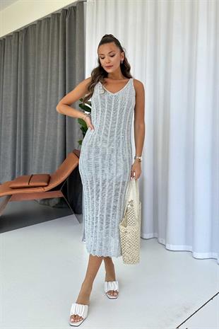 Ajurlu V Yaka Yırtmaçlı Kadın Triko Elbise - Gri