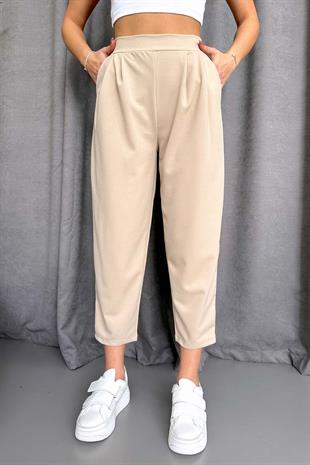 Arkası Lastikli Balon Pantolon - Taş