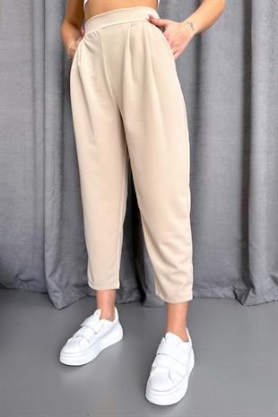 Arkası Lastikli Balon Pantolon - Taş