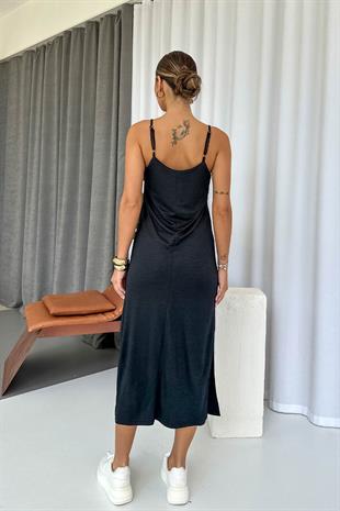 Askıları Ayarlanabilen Yırtmaçlı Modal Elbise - Siyah