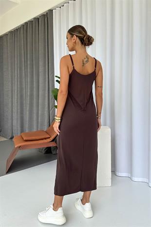 Askıları Ayarlanabilen Yırtmaçlı Modal Elbise - Kahverengi