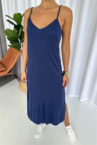 Askıları Ayarlanabilen Yırtmaçlı Modal Elbise - Lacivert