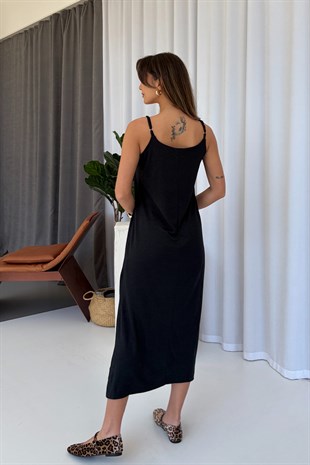 Askıları Ayarlanabilen Yırtmaçlı Modal Elbise - Siyah