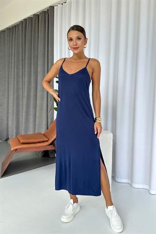 Askıları Ayarlanabilen Yırtmaçlı Modal Elbise - Lacivert