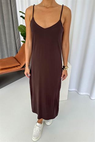 Askıları Ayarlanabilen Yırtmaçlı Modal Elbise - Kahverengi