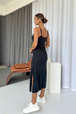Askıları Ayarlanabilen Yırtmaçlı Modal Elbise - Siyah