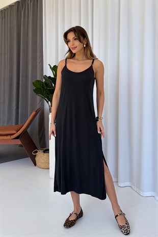 Askıları Ayarlanabilen Yırtmaçlı Modal Elbise - Siyah