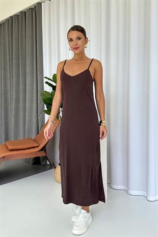 Askıları Ayarlanabilen Yırtmaçlı Modal Elbise - Kahverengi