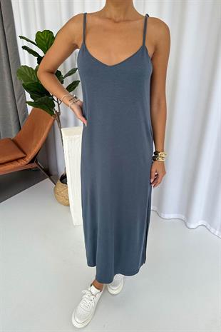 Askıları Ayarlanabilen Yırtmaçlı Modal Elbise - İndigo