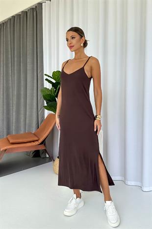 Askıları Ayarlanabilen Yırtmaçlı Modal Elbise - Kahverengi