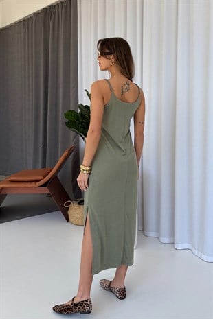 Askıları Ayarlanabilen Yırtmaçlı Modal Elbise - Haki