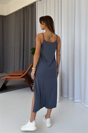 Askıları Ayarlanabilen Yırtmaçlı Modal Elbise - İndigo