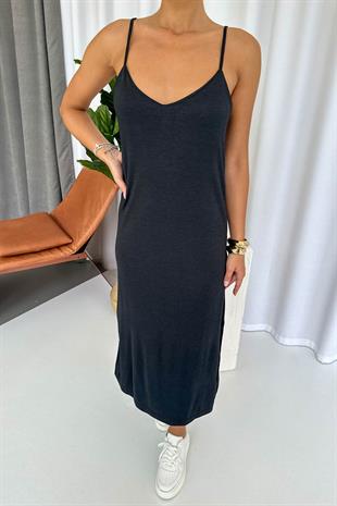 Askıları Ayarlanabilen Yırtmaçlı Modal Elbise - Siyah