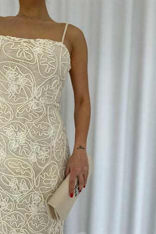 Askılı Nakış Detay Uzun Kadın Elbise - Bej