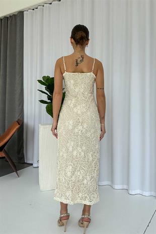 Askılı Nakış Detay Uzun Kadın Elbise - Bej