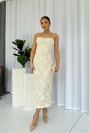 Askılı Nakış Detay Uzun Kadın Elbise - Bej