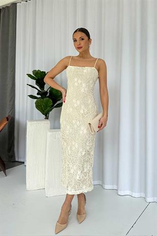 Askılı Nakış Detay Uzun Kadın Elbise - Bej