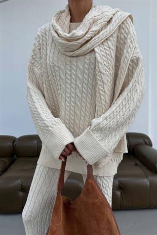 Atkı Aksesuarlı Alt - Üst Kadın Takım - Bej