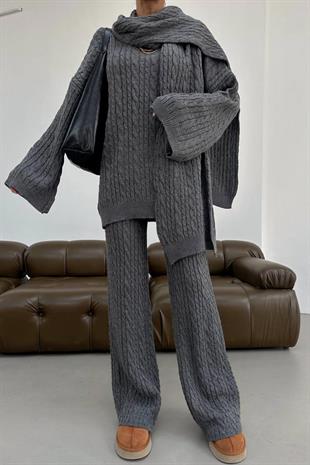 Atkı Aksesuarlı Alt - Üst Kadın Takım - Gri