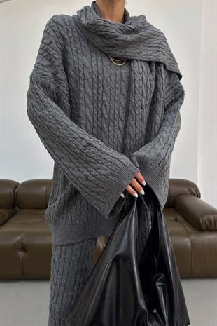 Atkı Aksesuarlı Alt - Üst Kadın Takım - Gri