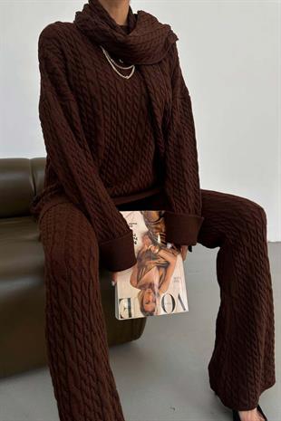 Atkı Aksesuarlı Alt - Üst Kadın Takım - Kahverengi