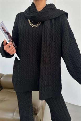 Atkı Aksesuarlı Alt - Üst Kadın Takım - Siyah