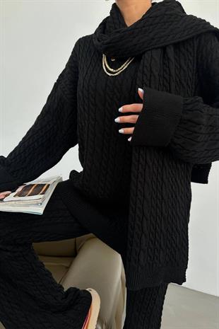 Atkı Aksesuarlı Alt - Üst Kadın Takım - Siyah