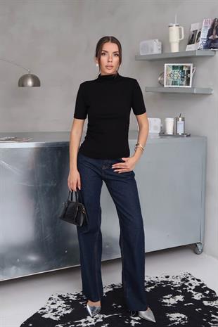 Balıkçı Yaka Basic Buzzy Kumaş Kadın Bluz - Siyah